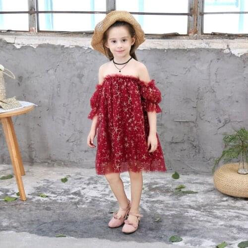 Girls Dress Summer Shoulderless Print Star Cotton Princess Dress Kids Dresses For Girls Clothes Party Dress Vestido Robe Fille