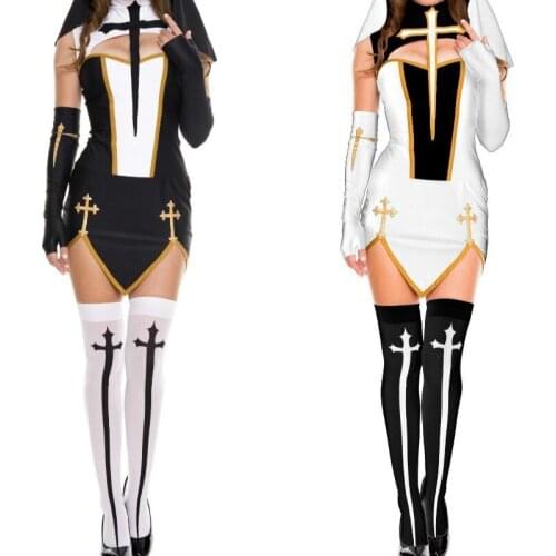 New Black Long Dresses Set Split Role Play Nun Costumes Sexy Women Shows Cosplay Uniform Temptation Nun Halloween Costume
