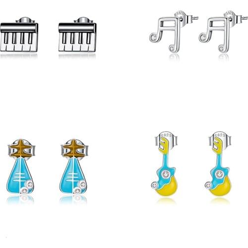 YAONUAN S925 Sterling Silver Ear Studs Mini Notes Chinese Lute Guitar Earrings Fine Jewelry For Women Trendy Music Accessories
