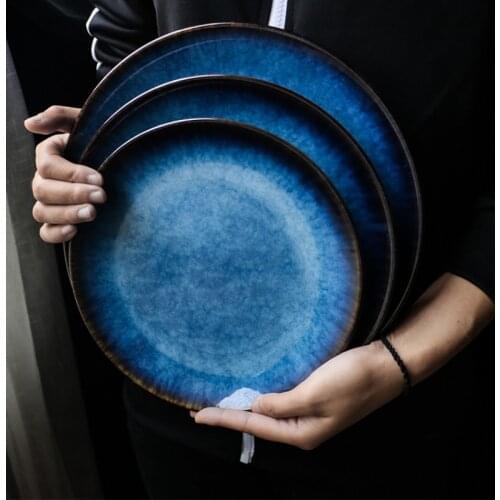 LUOKING Blue Western Style Serving Dish Ceramic Commercial Steak Dish Plate Household Flat Diner Plate Round Tray Wholesale