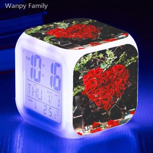 Heart-shaped loving heart Roses flower Alarm Clocks 7 Color Glowing LED Electronic digital alarm clock Kids Birthday Gift toys