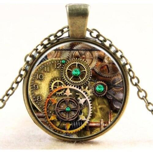 Steampunk Compass Necklace Pendant Vintage Bronze Chain Necklace Compass Style Design Gears Cog Jewelry Unisex Gift