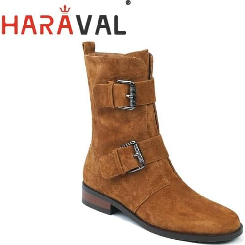 HARAVAL Women Brown Ankle Chelsea Boots Buckle Zipper Flat Rounded Toe Biker Boots Casual Low Heels Suede Leather Autumn E134L