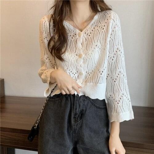 Hollow Thin Knitted Cardigan Womens 2021 Summer Short Loose And Versatile Long Sleeve Top Fashion