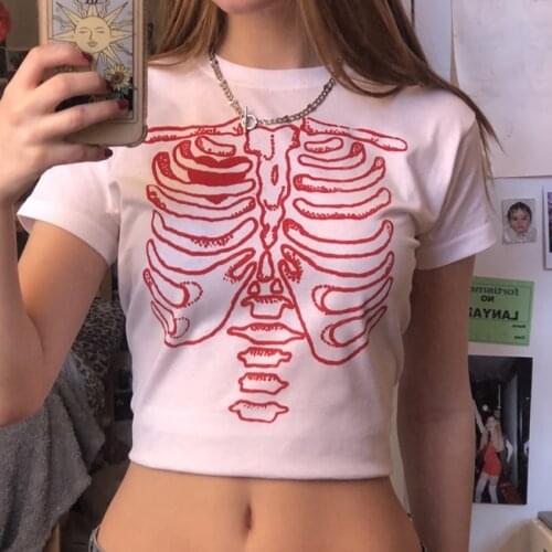 Womens Summer Vintage Print Crop Top y2k Harajuku T Shirt Short Sleeve Women Fashion Goth Tee T-Shirt Slim Vest Club Streetwear