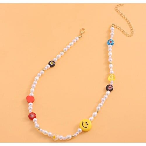 Korean Bohemian Imitation Pearl Necklace for Women Cute Smile Face Choker Necklace Girl Multicolor Flower Beads Necklace Jewelry