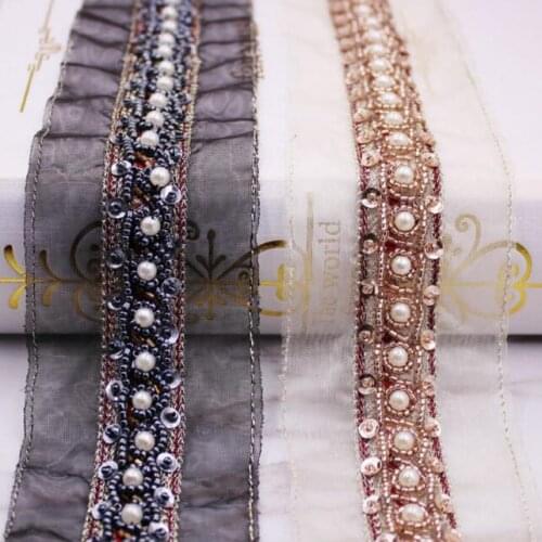 50yards Fake Pearl Beaded Lace Trim Vintage Mesh Fabric Paillette Sequin Lace Ribbon Applique DIY Sewing Clothing Accessories