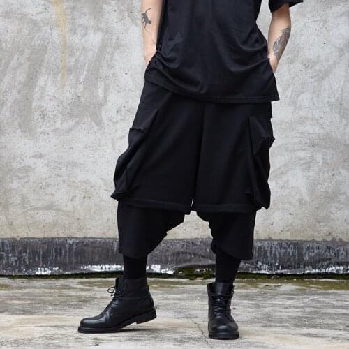 Mens nine split pants Spring/summer yamamoto style mens loose wide leg pants fake two skirt pants big pocket trend