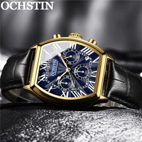 OCHSTIN Fashion Man WristWatch Chronograph Sport Men Watch Military Top Brand Luxury Black Genuine Leather New Male Clock 6132