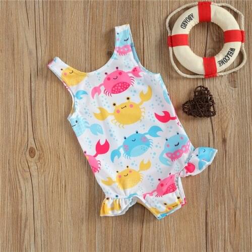 2021 Kids Girls One-piece Swimsuit Summer Children Cute Crab/Donut Printing Sleeveless Swimwear for Vacation Children Beachwear