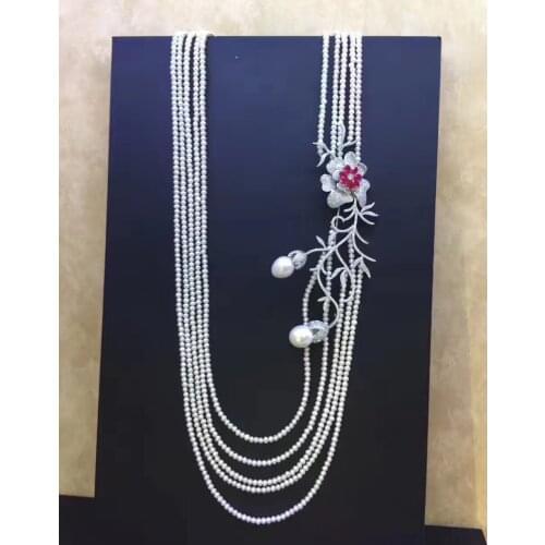 3-4MM long fresh water pearl necklace multi layers 925 sterling silver with cubic zircon flower party necklace fashion jewelry