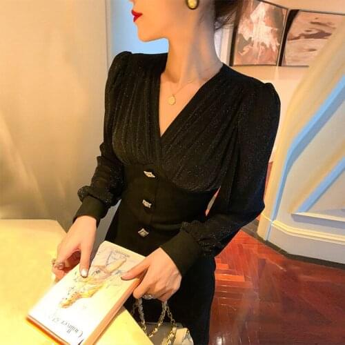 Elegant Women Solid Long Sleeve Fairy Party Dress Office Lady Sexy V-Neck Loose mini Dresses 2021 Spring Clothing Female Y409