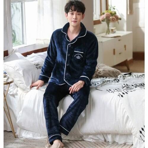Flannel Pajamas Sleeping Suits Men Fashion Men Sleepwear Classy Pijama Hombre Plain Grey Male Pyjamas Long Sleeves Pajamas Men
