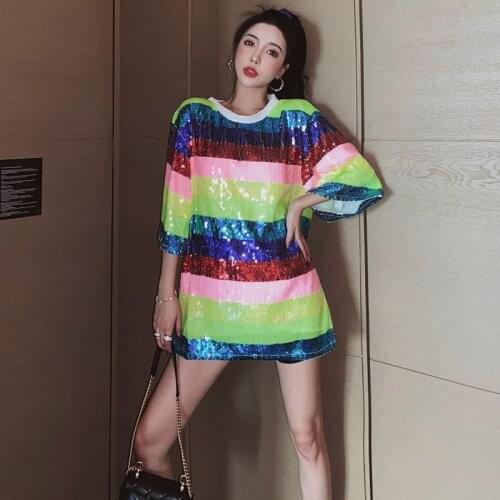 Fashion Womens T-shirts 2020 Summer Streetwear Tee Sequined Striped Female Clothes Casual harajuku Tops Camiseta Oversized