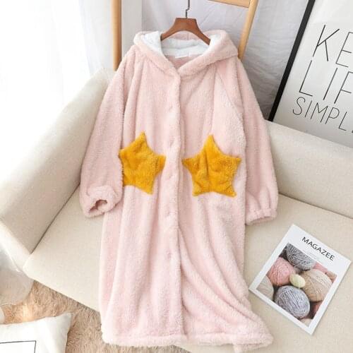 Winter Warm Robe Women Coral Fleece Kimono Bathrobe Gown Thick Cute Nightwear Hooded Sleepwear Bath Robe Home Dressing Gown