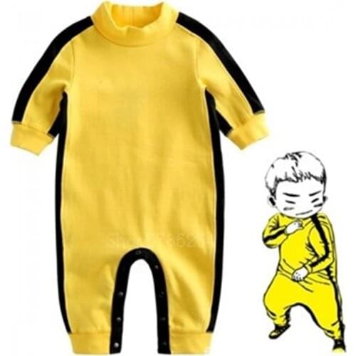 Fancy Kids Bruce Lee Cosplay Costume Newborn Baby Infant Halloween Party Rompers Chinese Kung Fu Movie Yellow Jumpsuit