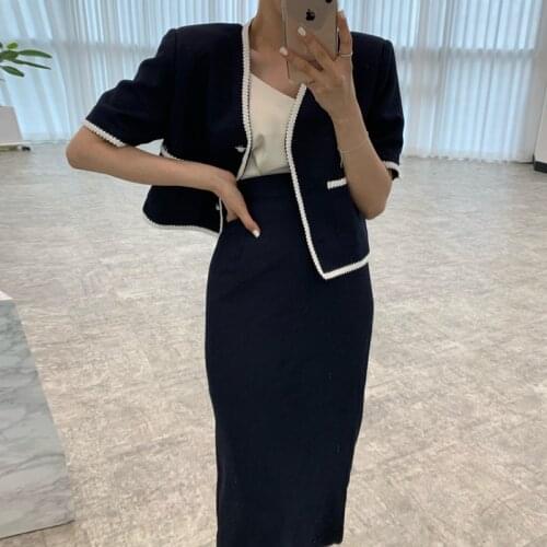 Vintage Skirt Sets Womens Outfits Summer Korean 2 Two Piece Set Women Short Sleeve Coat + High Waist Skirt Vetement Femme 2021