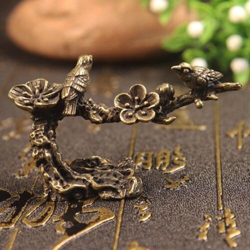 Pure Copper Plum Tree Happy Magpie Bird Miniature Ornaments Antique Brass Cuckoo Figurine Tea Table Decorations Desk Decor Craft