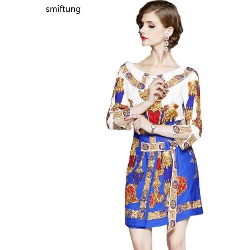 Wholesale smiftung womens shirt and skirt suit / office lady printing clothing / Three Quarter sleeve / white and blue