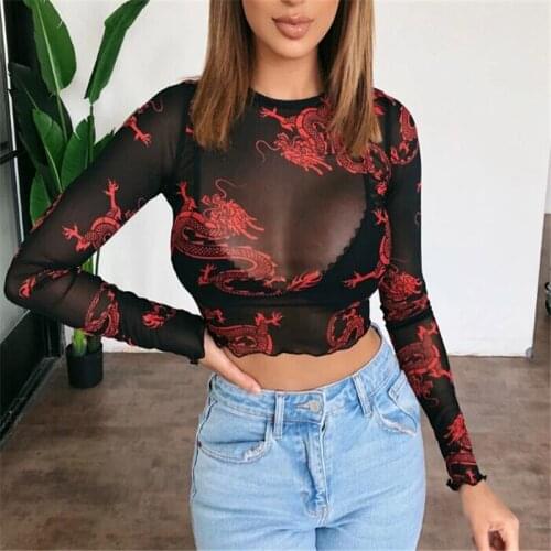Sexy Transparent Female T-shirts Casual O-neck Sheer Mesh Dragon Print Long Sleeve T-shirts Female Spring Autumn Tops Wear
