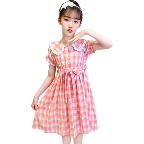 Girls Dress Plaid Pattern Party Dress For Kids Girl 2021 Summer Kids Dress Lace Childrens Costumes For Girls