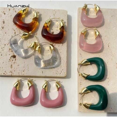 HUANZHI 2021 Retro Colorful Resin Transparent Circel Hoop Earrings Geometric Gold Metal Round for Woman Girls Travel Jewelry
