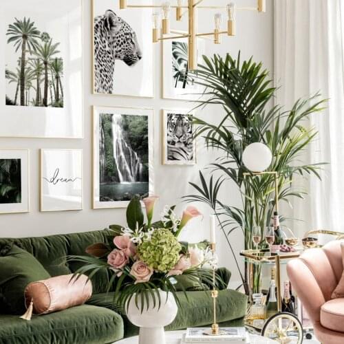 Nordic Posters And Prints Murals Art Canvas Painting Murals Living Room Decoration Leopard Tiger Palm Tree Leaf Waterfall