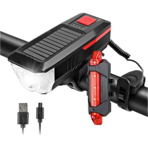 Solar Charging Bicycle Light 3 Modes LED Road Mountain Bike Front Light Waterproof Bicycle Bell Light USB Rechargeable Headlight