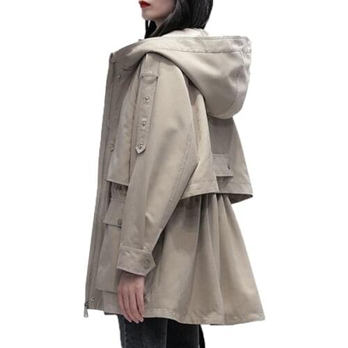 Women Windbreaker Autumn Solid Color Pocket Hooded Windbreaker Mid-length Trench Coat Outerwear Womens Clothing Plus Size 4XL