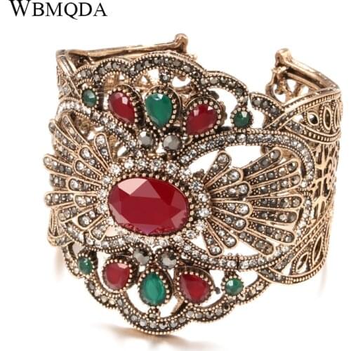 Wbmqda Unique Ethnic Bride Wedding Bangles Antique Gold Big Cuff Bracelets For Women Statement Jewelry Party Russia Accessories