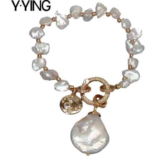 Y·YING natural Cultured White Keshi Pearl strand Bracelet Coin Pearl Charm Cubic Zirconia Pave Clasp 8"