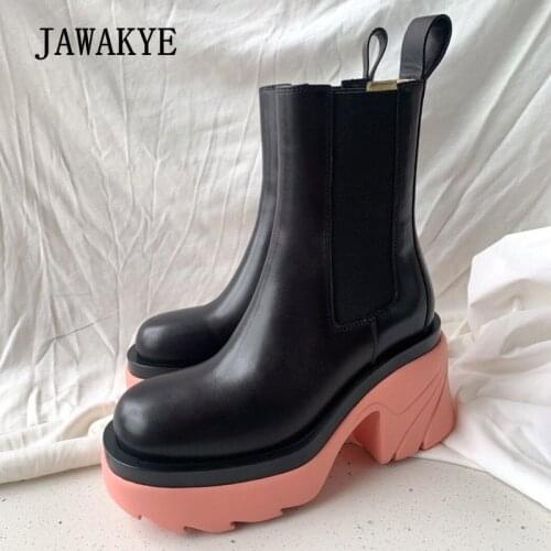 2021 Autumn New Platform Women Boots Candy Block Heel Platform Ankle Short Boots Real Leather Round Toe Runway Chelsea Boots