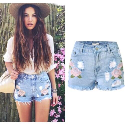 Schinteon Women Summer Embroidery Denim Shorts High Waist Slim Ripped Hole 42 44 XL XXL Free Shipping
