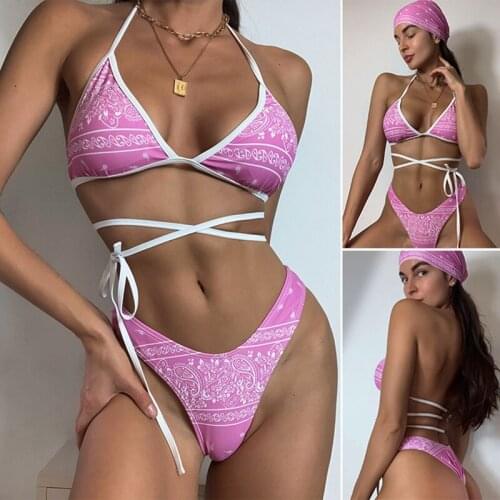 Female Sexy Split Swimsuit Printed Halter Lace-Up Bikini Pink