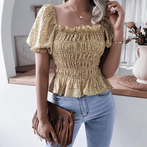 2021 Summer Women New Square Neck Lantern Sleeve Ruffled Floral Chiffon Top For Ladies Fashion All Match Chic Printed Blouses