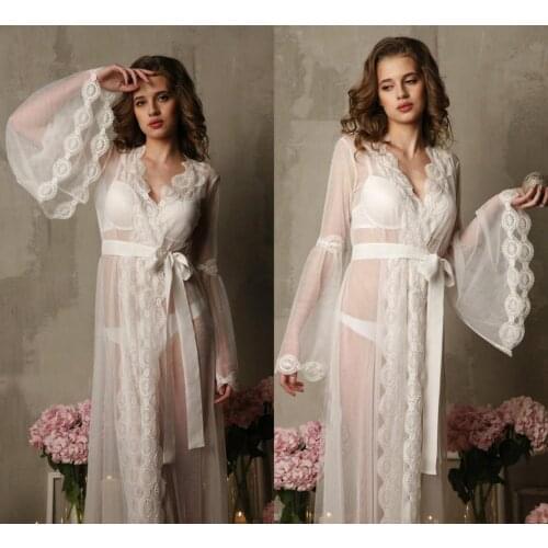 Women Sexy Bathgown Lace Illusion Bridal Bathrope Wedding Prom Party Bathrobes Pyjams Robes Women Pajama