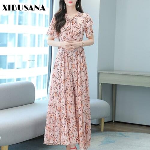 Summer Elegant Swing Long Chiffon Dresses Women Floral Printed Bow Collar Beach Dress Female Boho Holiday Vestidos Oversize 4XL