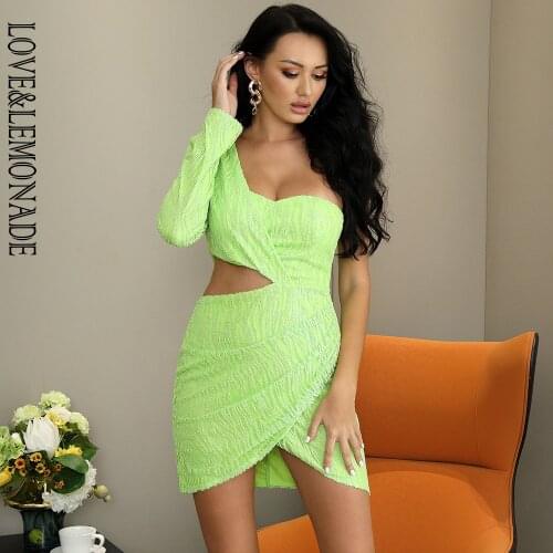 LOVE&LEMONADE Sexy Light Green Cut Out Single Sleeve Glitter Glue Bead Material Bodycon Party Dress LM81650