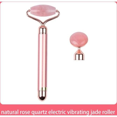 2 in 1 Electric Vibrating Natural Rose Quartz Jade Roller Face Lifting Crystal Jade Stone Facial Roller Beauty Massage Tool