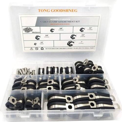 304 Stainless Steel 1/4" 3/8" 1/2" 5/8" 3/4" 1"Cable Clamps Rubber Cushioned With Screws R Style Pipe Clamps Assorted Cable Wire