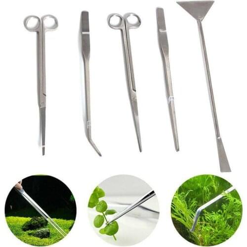5in1 Aquarium Tools Kit Aquarium Tools Plant Tweezers Scissors Set Hand Tools Stainless Steel For waterworks Aquarium Cleaning