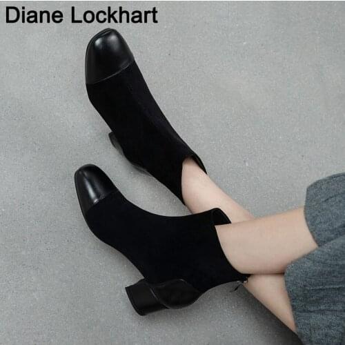 Brand Beige Ankle Boots Women Stretch Fabric Patchwork Square Toe Calfskin Shoes Female Handmade 2020 Winter Ladies Chelsea Boot