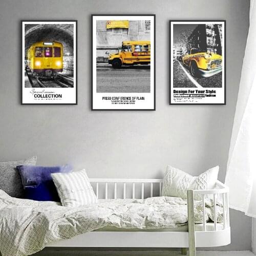 Color Collision Gray Ancient Architecture Golden Trains and Cars Canvas Painting Posters and Printsfor Living Room Decoration