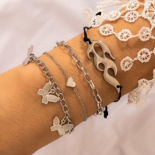 HuaTang 4pc Vintage Silver Color Flame Charms Bracelet Set for Women Multilayer Butterfly Heart Adjustable Chains Female Jewelry