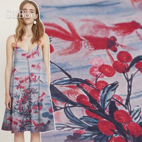 Simulation fish lotus leaf positional printed 140*88cm 13mm linen silk fabric for spring dress pants tissu en lin et soie SP5943