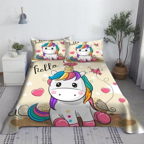 Cartoon Unicorn Bed Sheet Set 3D Printed Polyester Bed Flat Sheet With Pillowcase Print Bedding Gift for Kids Children