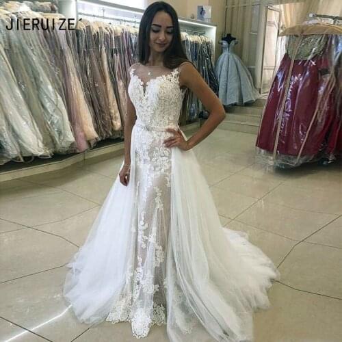 JIERUIZE Lace Overskirts Wedding Dresses Button Back O Neck crystal Sash Detachable Mermaid Bridal Gowns vestido de noiva