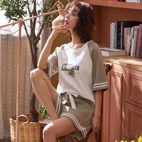 2021 New Cotton Pajamas Womens Summer Nightwear Short Sleeve Shorts Casual Pullover Home Suit Sleepwear Round Neck Thin
