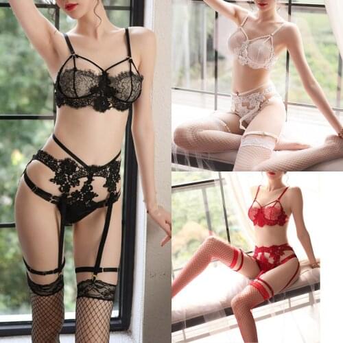 New Sexy Lingerie Women Fashion Lace bra Underwear G-string Pajamas Garte Applique Womens Underwear Set with Suspenders