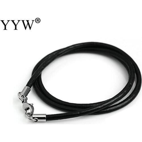 YYW 2/3mm High Quality Real Black Cowhide Leather Cord Necklace with Stainless Steel Lobster Clasp Charm Choker Making Rope 18"